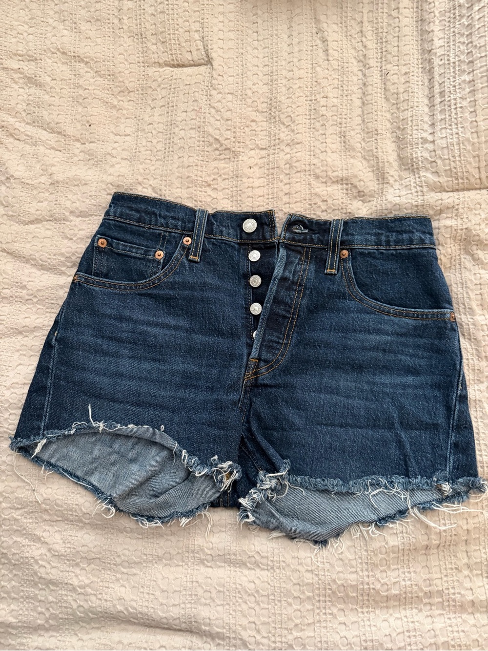 Levi's Dark Blue Button-Fly Distressed Denim Shorts